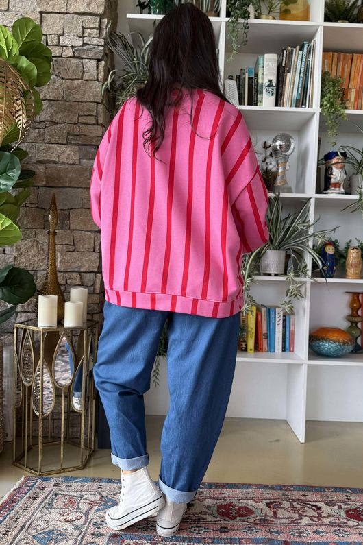 Scamp Lantern Sweatshirt Vertical Stripe Hot Pink & Red